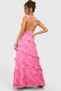 Cami Dresses*boohoo Jacquard Ruffle Strappy Maxi Dress pink
