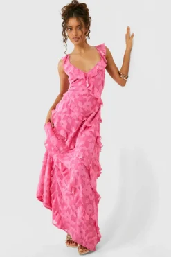Cami Dresses*boohoo Jacquard Ruffle Strappy Maxi Dress pink
