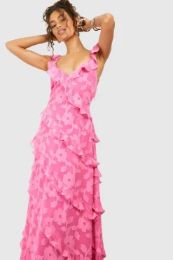 Cami Dresses*boohoo Jacquard Ruffle Strappy Maxi Dress pink