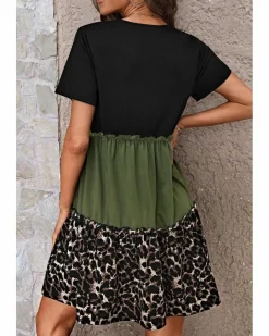 Shirt Dresses|T-Shirt Dresses*Azura Exchange Jungle Green Leopard Print Colorblock Frill Trim T-shirt Dress Multi