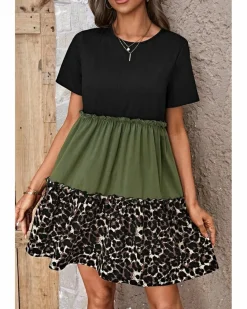 Shirt Dresses|T-Shirt Dresses*Azura Exchange Jungle Green Leopard Print Colorblock Frill Trim T-shirt Dress Multi