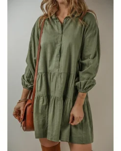 Shirt Dresses*Azura Exchange Jungle Green Puff Sleeve Buttoned Tiered Pleated Shirt Mini Dress Multi