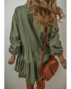 Shirt Dresses*Azura Exchange Jungle Green Puff Sleeve Buttoned Tiered Pleated Shirt Mini Dress Multi