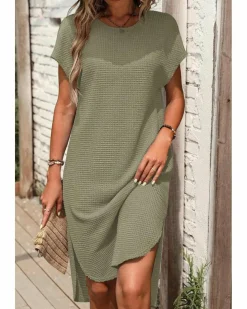 T-Shirt Dresses|Shirt Dresses*Azura Exchange Jungle Green Waffle Texture Curved Hem Side Slit T-shirt Dress Multi