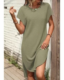T-Shirt Dresses|Shirt Dresses*Azura Exchange Jungle Green Waffle Texture Curved Hem Side Slit T-shirt Dress Multi
