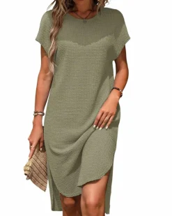 T-Shirt Dresses|Shirt Dresses*Azura Exchange Jungle Green Waffle Texture Curved Hem Side Slit T-shirt Dress Multi