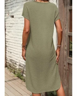 T-Shirt Dresses|Shirt Dresses*Azura Exchange Jungle Green Waffle Texture Curved Hem Side Slit T-shirt Dress Multi