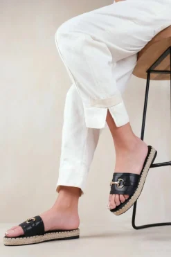 Sandals*Where's That From Jupiter' Single Strap Flat Sandals With Thread Design And Golden Detailing Black