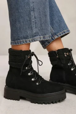 Chunky Boots|Ankle Boots*Where's That From Kaia' Lace Up Ankle Boot With Sherpa Trim And Chunky Sole Black