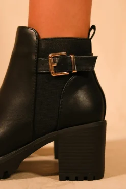 Heeled Boots|Ankle Boots*Where's That From Kali' Mid Block Heel With Buckle Detail Stretch Ankle Boots Black