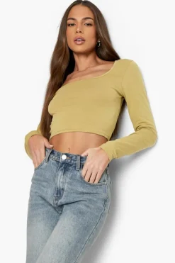 Long Sleeve Tops*boohoo Basic Longsleeve Scoop Neck Top khaki