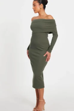Midi Dresses*Quiz Petite Ribbed Bardot Midi Dress Khaki