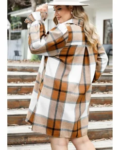 Shirt Dresses*Azura Exchange Plus Size Plaid Flounce Sleeve Button up Shirt Dress Khaki