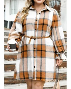Shirt Dresses*Azura Exchange Plus Size Plaid Flounce Sleeve Button up Shirt Dress Khaki