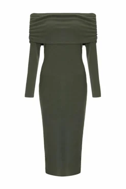 Midi Dresses*Quiz Ribbed Bardot Midi Dress Khaki
