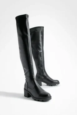 Heels|Over The Knee Boots*boohoo Knee High Block Heeled Boots black