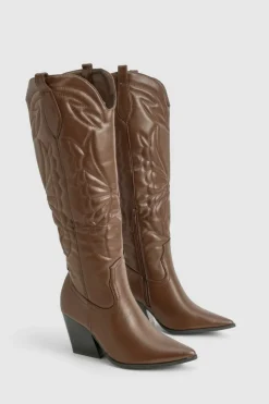 Knee High Boots|Cowboy Boots*boohoo Knee High Embroidered Western Boots brown
