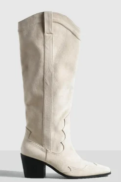 Knee High Boots|Cowboy Boots*boohoo Knee High Heeled Faux Suede Western Cowboy Boots beige