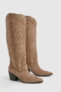 Knee High Boots|Cowboy Boots*boohoo Knee High Heeled Western Cowboy Boots brown