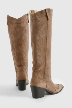 Knee High Boots|Cowboy Boots*boohoo Knee High Heeled Western Cowboy Boots brown