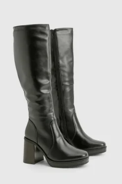 Heels|Over The Knee Boots*boohoo Knee High Platform Block Heel Boots black
