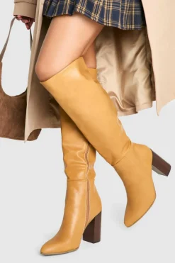 Over The Knee Boots|Knee High Boots*boohoo Knee High Pointed Toe Stacked Heeled Boot camel