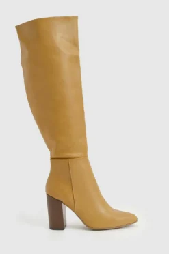Over The Knee Boots|Knee High Boots*boohoo Knee High Pointed Toe Stacked Heeled Boot camel