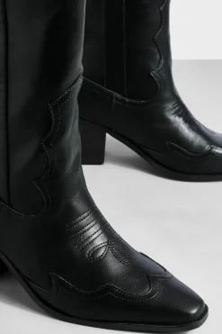 Knee High Boots|Cowboy Boots*boohoo Knee High Pu Heeled Western Cowboy Boots black