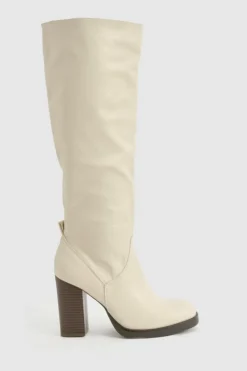 Over The Knee Boots|Knee High Boots*boohoo Knee High Stacked Heeled Boot beige