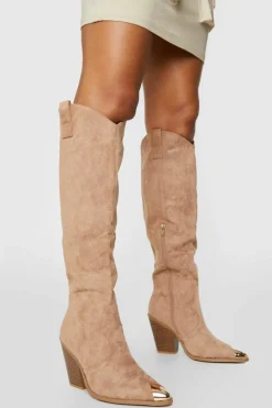 Knee High Boots|Cowboy Boots*boohoo Knee High Toe Cap Pull On Western Cowboy Boots sand