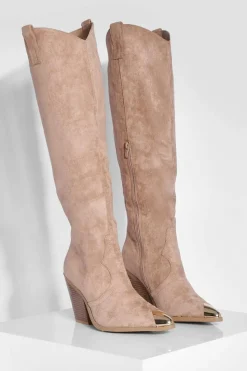 Knee High Boots|Cowboy Boots*boohoo Knee High Toe Cap Pull On Western Cowboy Boots sand