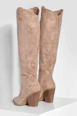 Knee High Boots|Cowboy Boots*boohoo Knee High Toe Cap Pull On Western Cowboy Boots sand