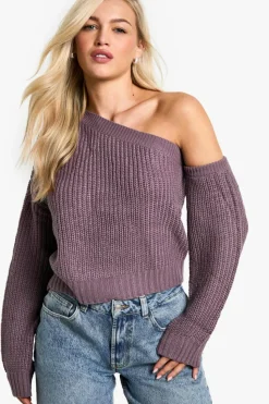 Jumpers*boohoo Knitted Asymmetric Shoulder Jumper purple