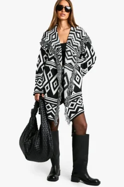 Cardigans*boohoo Knitted Aztec Longline Belted Cardigan black
