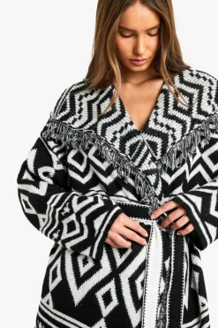 Cardigans*boohoo Knitted Aztec Longline Belted Cardigan black