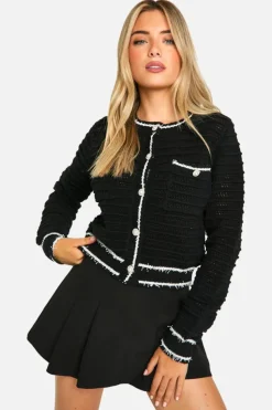 Cardigans*boohoo Knitted Boucle Contrast Detail Cardigan black