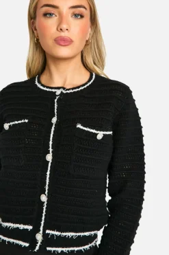 Cardigans*boohoo Knitted Boucle Contrast Detail Cardigan black