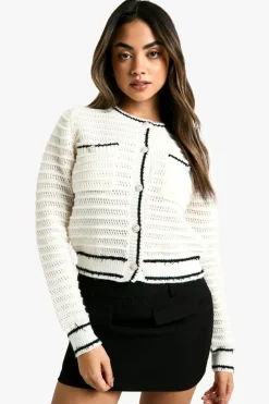 Cardigans|Jumpers & Cardigans*boohoo Knitted Boucle Contrast Detail Cardigan cream