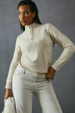 Oversized Jumpers*MissPap Knitted Boucle Zip Up Neck Oversized Jumper oatmeal