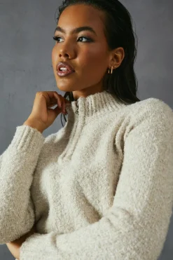 Oversized Jumpers*MissPap Knitted Boucle Zip Up Neck Oversized Jumper oatmeal