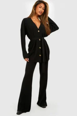 Knitted Co-Ords|Knitwear*boohoo Knitted Cardigan & Wide Leg Trouser Co-ord black