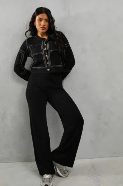 Cardigans*MissPap Knitted Crew Neck Contrast Seam Gold Button Detail Cardigan black