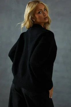 Cardigans*MissPap Knitted Crew Neck Pocket Detail Gold Button Cardigan black