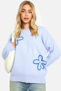Oversized Jumpers|Jumpers*boohoo Knitted Flower Detail Oversized Jumper dusty blue