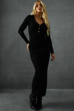 Jumper Dresses|Jumper Dresses*MissPap Knitted Gold Trim Detail Plunge Bodycon Midaxi Dress black
