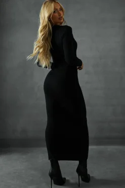 Jumper Dresses|Jumper Dresses*MissPap Knitted Gold Trim Detail Plunge Bodycon Midaxi Dress black