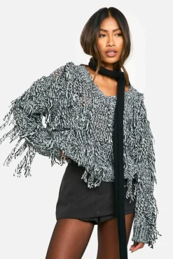 Jumpers*boohoo Knitted Marl Fringe Detail Jumper black