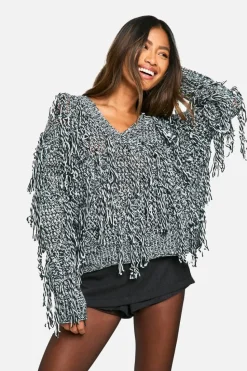 Jumpers*boohoo Knitted Marl Fringe Detail Jumper black