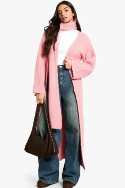 Knitted Co-Ords|Cardigans*boohoo Knitted Maxi Cardigan And Oversized Scarf Set pink