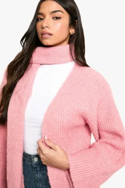 Knitted Co-Ords|Cardigans*boohoo Knitted Maxi Cardigan And Oversized Scarf Set pink